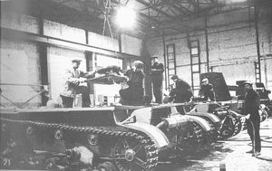 Production line of SP guns, equipped with 76mm regimental gun, on a T-26 chassis.