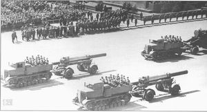 "Voroshilovets" prime movers are towing a disjoint 210mm Br-17 M1939 guns.