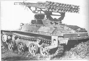 Captured by Germans BM-8-24  multiple rocket  launcher based on  T-60 hull. Guards  Mortar  Battalions of Tank Corps were equipped with such vehicles