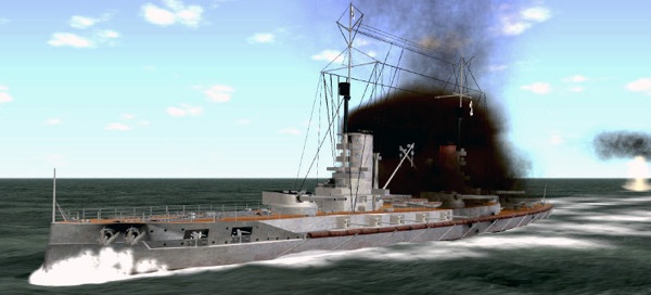 A German ship comes under fire in the Jutland PC game.