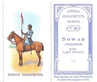 A reprint of a 1912 tobacco card showing a Trooper in the Indian Army 27th Light Cavalry Regiment. Note that the Indian Army adopted uniforms that featured light colored and loose fitting tunics. (Collection of the author).