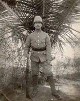 A German Schutztruppe from German East Africa, wearing a khaki uniform and sun helmet. (Private Collection).