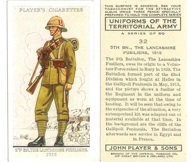 A pre–World War II tobacco card shows the British World War I era tropical uniform of the Lancashire Fusiliers. (Collection of the author).