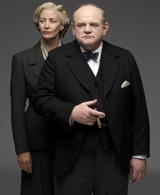 Janet McTeer as Clemmie Churchill and Brendan Gleeson as Winston Churchill. Photographer: HBO / Nick Briggs.