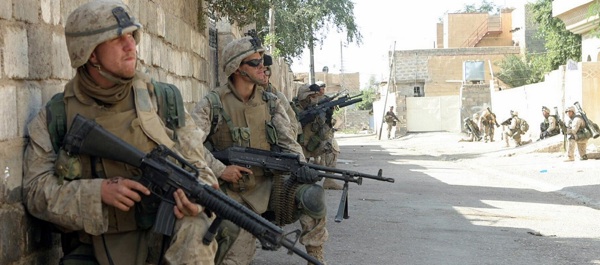 USMC, Charlie Co., 1st Platoon, 1st Battalion, 3rd Marine Regiment, Regimental Combat Team Seven on partrol in Fallujah. Photo by Lance Cpl. Daniel J. Klein.