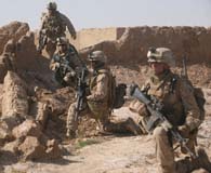 February 16, 2010. Marines of the 3rd Battalion, 6th Marine Regiment, pause while on patrol in Marjah, Helmand province, Afghanistan. (Lance Cpl. Tommy Bellegarde)