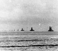 October 22, 1944. The Japanese "Central Force" leaves Brunei Bay, Borneo en route to the Philippines. Ships are (right to left): battleships Nagato, Musashi and Yamato; heavy cruisers Maya, Chokai, Takao, Atago, Haguro and Myoko.