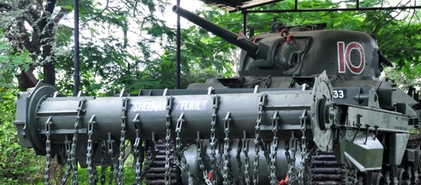 A Sherman Crab flail tank on display at the Cavalry Tank Museum, Ahmednagar, India. Courtesy Cavalry Tank Museum.