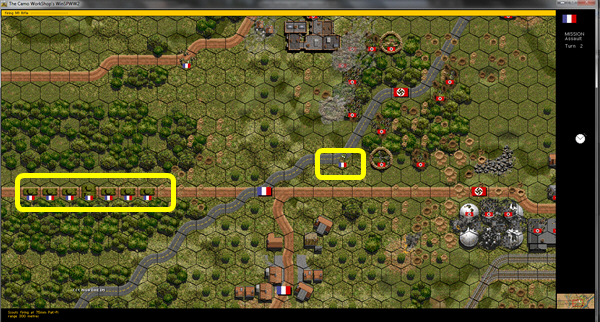 The small yellow box is a Jeep, the long rectangle is a column of advancing Shermans.