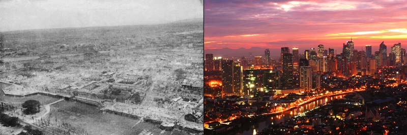 (Left) Manila lies in ruins after its liberation, 1945 (U.S. Army); (right) post-war metro Manila and the Pasig River (Public Domain)