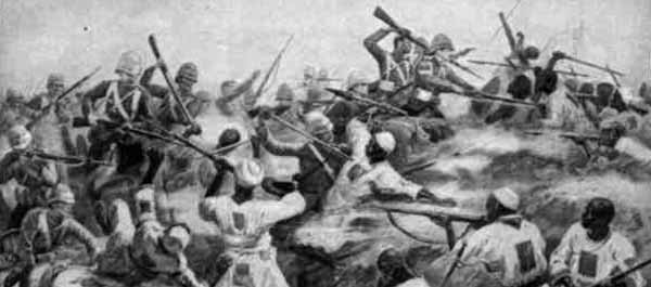 British soldiers clash with the Mahdi Army during the Battle of Omdurman.