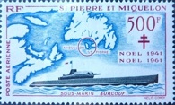 A 1961 French commemorative stamp honoring the St. Pierre - Miquelon invasion. Click to enlarge.