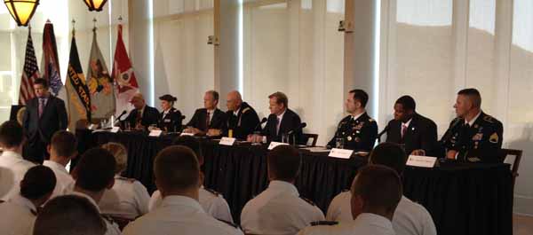 NFL & Army Stage Panel at West Point. The West Point panel included, from left: Dr Richard Ellenbogen, Major Sarah Goldman, Bart Oates, General Raymond Odierno, NFL Commissioner Roger Goodell, Major Christopher Molino, Troy Vincent, and Staff Sergeant Shawn Hibbard. (Photo by John Ingoldsby)