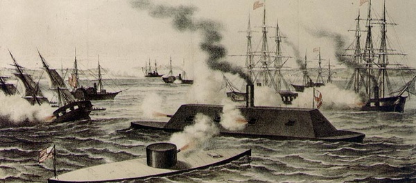 USS Monitor (foreground) duels with CSS Virginia at Hampton Roads, Virginia, Mar. 9, 1862. Lithograph published by Henry Bill not long after the battle. U.S. Naval Historical Center.