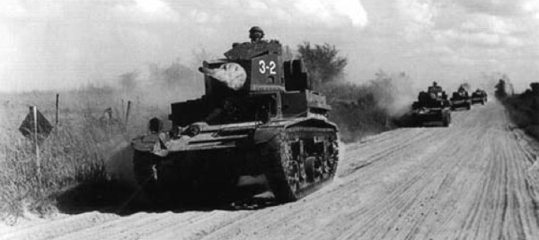 Tanks of the 68th Armored Regiment, 2nd Armored Division, participate in the Louisiana Maneuvers in 1941. National Archives.