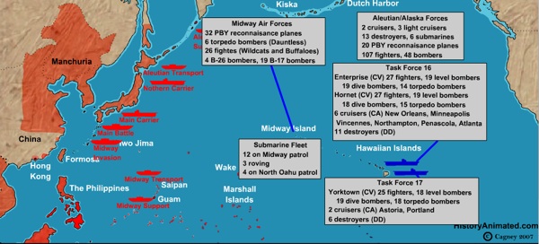 Opening screen of Midway on HistoryAnimated.com, a Website that animates traditional, static battlemaps. Graphics copyright James Cagney.