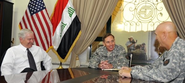 From left, U.S. Secretary of Defense Robert M. Gates, outgoing Multi-National Force-Iraq Commander Army Gen. David Petraeus and incoming MNF-I Commander Army Gen. Ray Odierno, Camp Victory, Iraq, Sept. 16, 2008. Photo by Air Force Tech Sgt. Jerry Morrison.