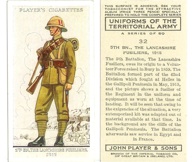 A pre&ndash;World War II tobacco card shows the British World War I era tropical uniform of the Lancashire Fusiliers. (Collection of the author).