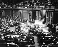 February 13, 1917. President Wilson before Congress, announcing the break in the official relations with Germany. (National Archives)