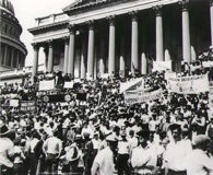 July 5, 1932. World War I veterans block the steps of the Capital during the Bonus March. National Archives photo.