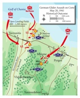 Maj. Koch&rsquo;s three companies each landed near one of the battalion&rsquo;s objectives. Despite taking heavy casualties, the lightly armed glider troops defeated the New Zealand defenders and secured the vital airfield at Maleme, paving the way for German follow-on forces to reinforce the Crete assault. Map by Petho Cartography.