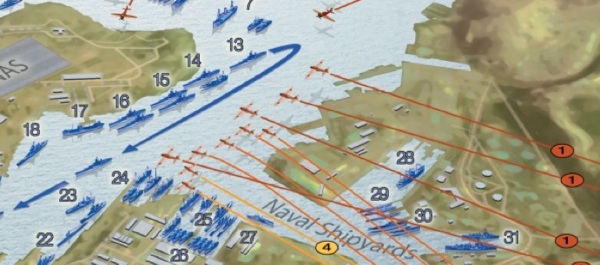 The attack on Pearl Harbor, Dec. 7, 1941. Section of a map from 'War Stories: The Pacific, Vol. I, Pearl Harbor to Guadalcanal.'