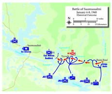 Col. Siilasvuo&rsquo;s 9th Infantry Division launched multiple attacks against the Red Army&rsquo;s 44th Rifle Division (CDG Course of Action Two). Using motti tactics, the Finns ambushed the 44th&rsquo;s flanks from their positions in the forest, cut off the Soviet division, broke it into small, isolated detachments, and then completely destroyed the enemy unit between January 4 and January 8, 1940. (Petho Cartography)