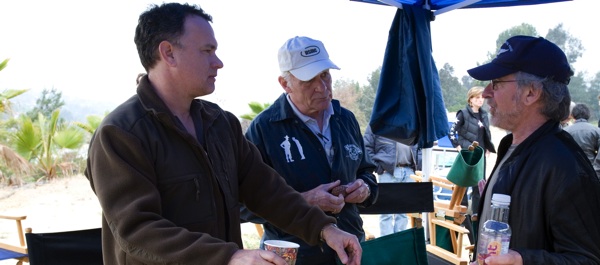 Captain Dale Dye, center, with Tom Hanks and Steven Spielberg on the set of The Pacific. Photo courtesy HBO/David James