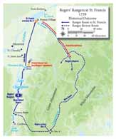 Rogers led his Rangers in whaleboats north across Lake Champlain and then marched them overland to St. Francis (Course of Action One: Lake Route), where they killed 40 Indians in a surprise attack (one Ranger died). But upon learning that the French had found and destroyed his boats, Rogers chose to return to Crown Point via the St. Francis and Connecticut rivers. Forty-five Rangers were killed or captured on the nightmare return journey. (Petho Cartography) 