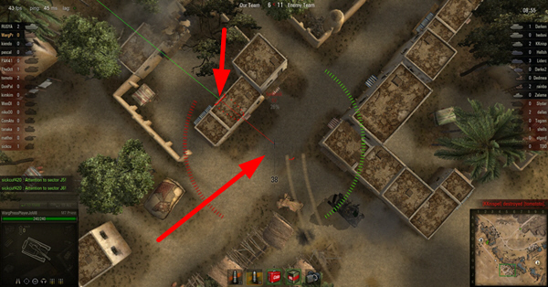 This building is blocking my shot at a tank behind it. I have added red arrows to indicate the building and the suspected location.