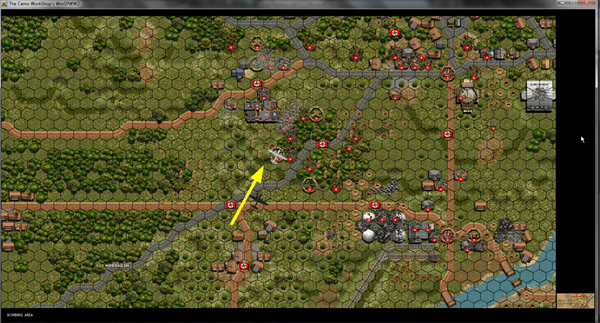 A B-25 lines up for a bombing run. I have inserted a yellow arrow to help identify the direction of attack.