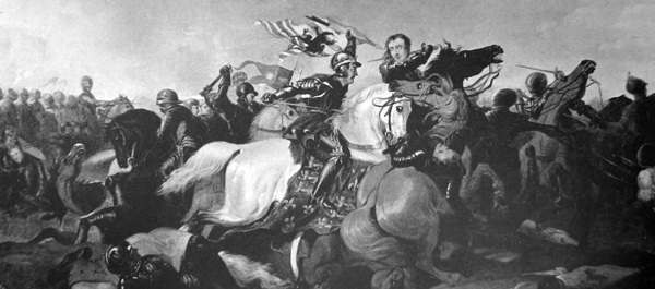 Richard III and Henry Tudor battle in "Bosworth Field" by Abraham Cooper. Original hangs in Dallas Museum of Fine Arts. Wikimedia Commons.