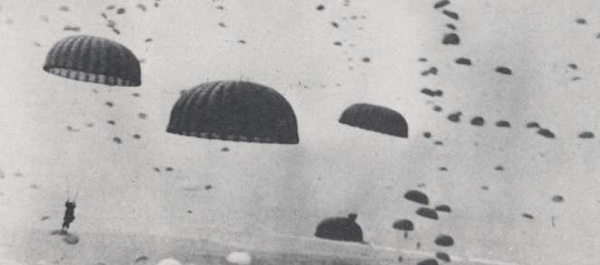 Allied paratroopers drop from the skies near Arnhem, The Netherlands, in 1944.
