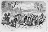 'The effects of the proclamaition &ndash; freed Negroes coming into our lines at Newbern, North Carolina.' Harper's Weekly, Feb. 21, 1863. Library of Congress. Click to enlarge.