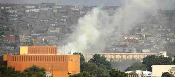 Dust rises after firing by Taliban militants in Kabul, Afghanistan on Tuesday, Sept. 13, 2011. Taliban insurgents fired rocket-propelled grenades and assault rifles at the U.S. Embassy, NATO headquarters and other buildings in the heart of the Afghan capital Tuesday in a brazen attack two days after the United States marked the 10th anniversary of the Sept. 11 terror attacks. (AP Photo/Ahmad Nazar)
