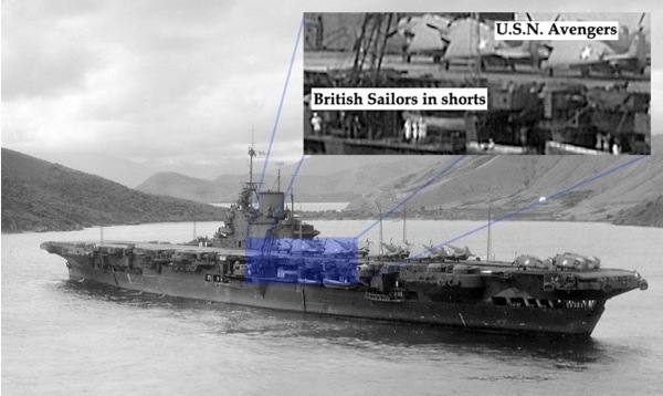 Inset area shows British sailors wearing shorts; see enlargement below.