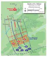 Lejeune decided to attack in a column of brigades (CDG Course of Action Two: Column Attack), with 9th and 23d infantry regiments leading, followed by 5th and 6th Marine regiments, while the machine-gun battalions provided covering fire from each flank. After a heavy U.S. artillery bombardment, 2d Infantry Division Soldiers and Marines went &ldquo;over the top&rdquo; at 5 a.m. September 12, 1918, breaking through German lines and advancing to Xammes-Jaulny by the end of the day. (Petho Cartography)