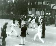 Patton competes in the fencing portion of the pentathlon. He defeated 20 of 29 opponents during the event. (General George Patton Museum)